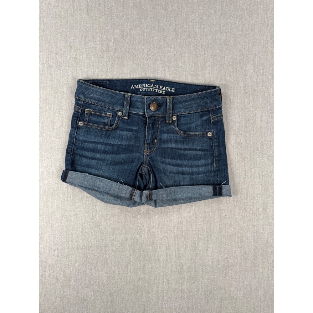 American Eagle Super Stretch Dark Wash Rolled Denim Shorts Size 0 Low Rise